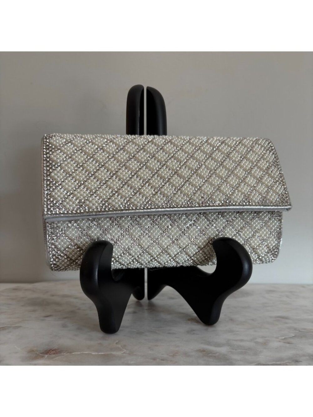 Starlet Hollywood Silver Pearl Rhinestone Evening Clutch Bag Chain Strap NWT